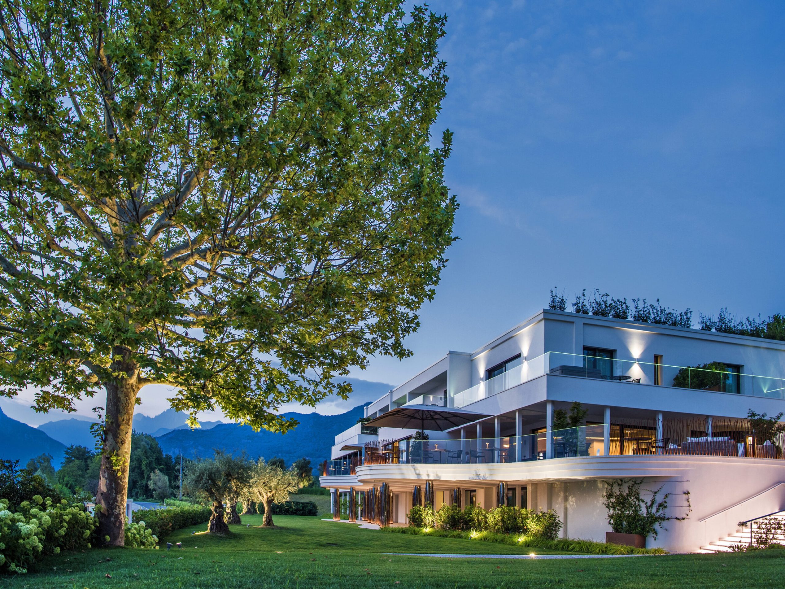 Esterno all'imbrunire, il volume bianco affacciato sull'acqua, il grande albero in primo piano. È l'unica foto che dà insieme architettura e contesto: come apertura funziona meglio di qualsiasi interno.