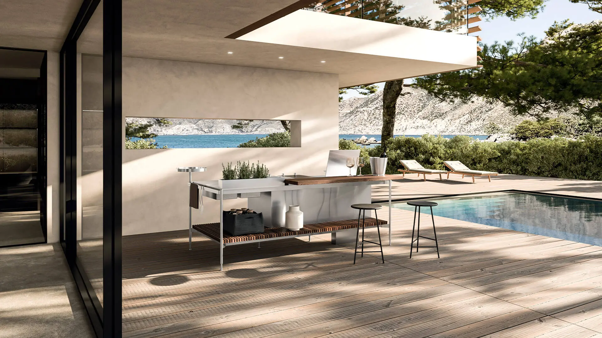 Cucina outdoor Solaria di Arrital, isola monoblocco accanto alla piscina