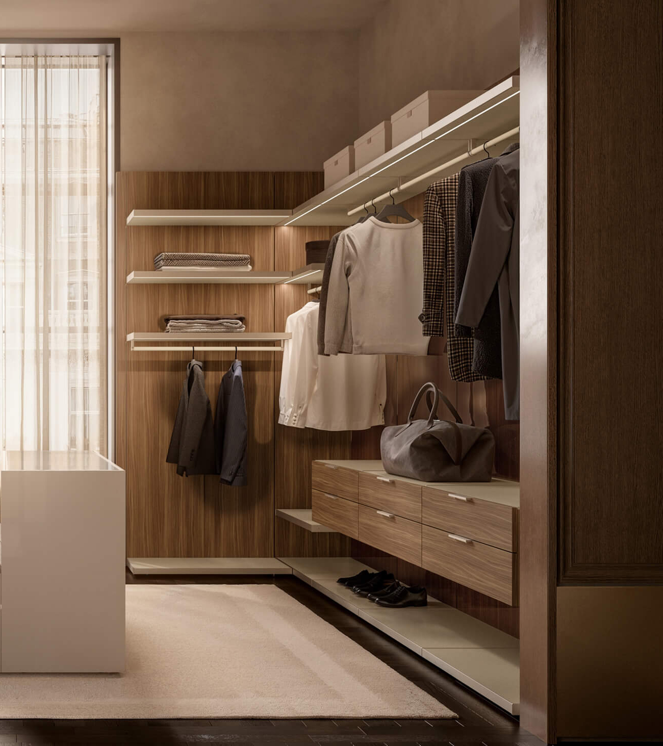 Cabina armadio Lema in legno con ripiani, cassettiere e illuminazione integrata